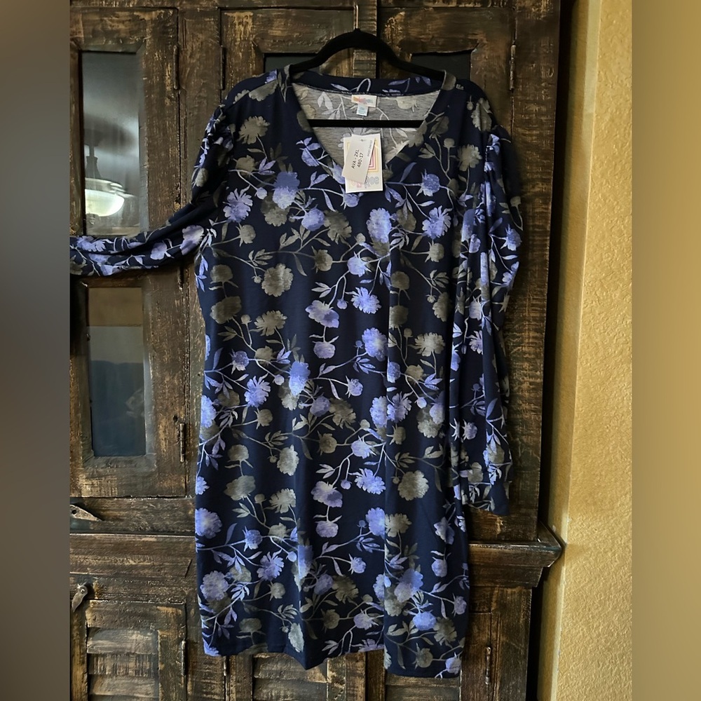 Lularoe AVA Women’s Size 2XL Blue Floral V-neck Mutton Long Sleeve Dress NWT - Picture 2 of 8